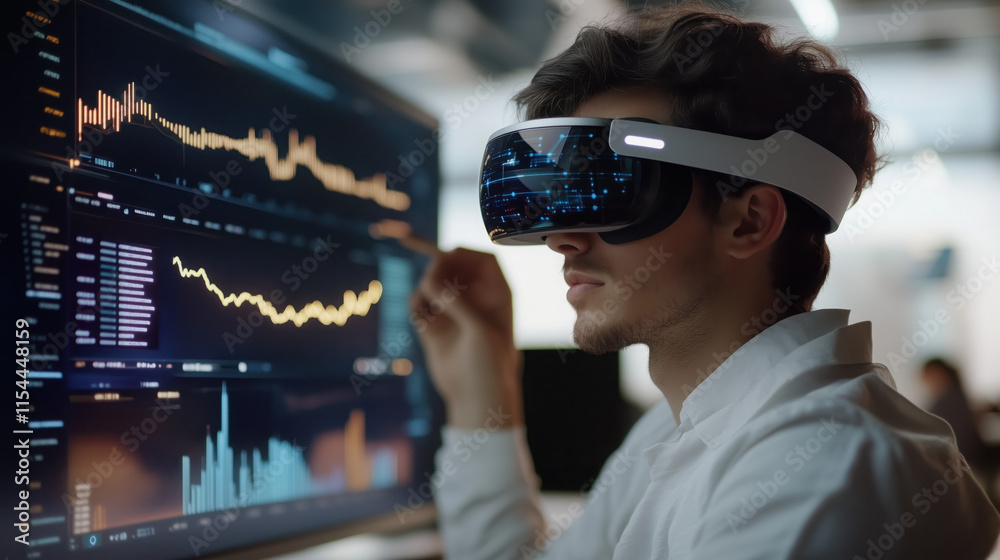 Young Professional Wearing AR Glasses Analyzing Cryptocurrency Graphs in Sleek Modern Office Young Professional Wearing AR Glasses Analyzing Cryptocurrency Graphs in Sleek Modern Office
