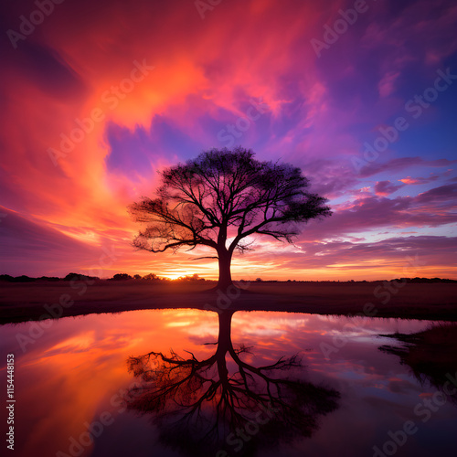 Resplendent Sunset Over the Horizon: A Spectacular Display of Nature's Twilight Colors and the Silhouette of a Solitary Tree