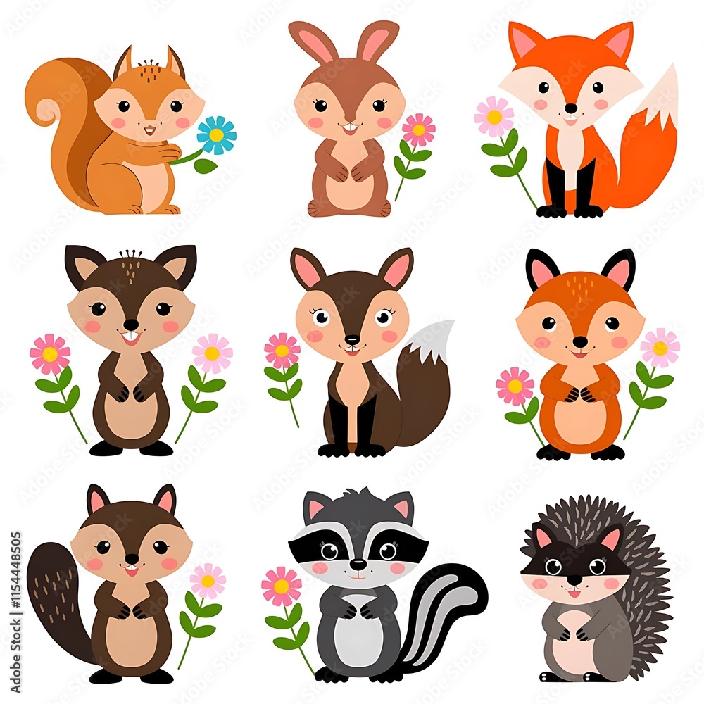 Fototapeta premium Set of ten cheerful woodland critters with flowers, bright colors, medium eyes, white background.
