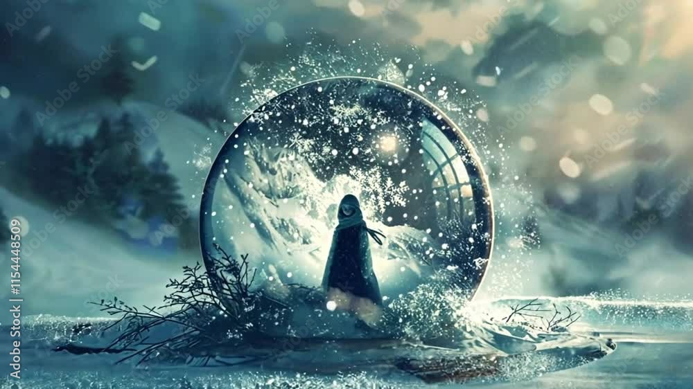 A woman stands within a snow globe, evoking feelings of isolation and dreamlike enclosure. A woman stands within a snow globe, evoking feelings of isolation and dreamlike enclosure.