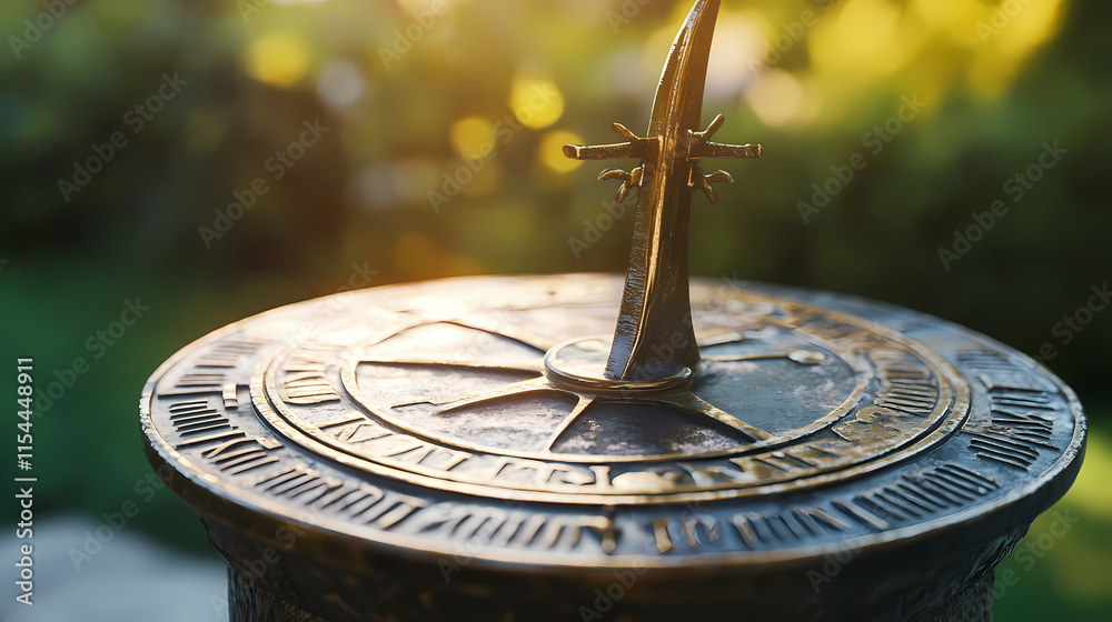Close-up of an antique sundial with a brass gnomon, aged patina surface, soft blurred garden background, concept of timekeeping, classical outdoor feature. Sundial. Illustration Close-up of an antique sundial with a brass gnomon, aged patina surface, soft blurred garden background, concept of timekeeping, classical outdoor feature. Sundial. Illustration