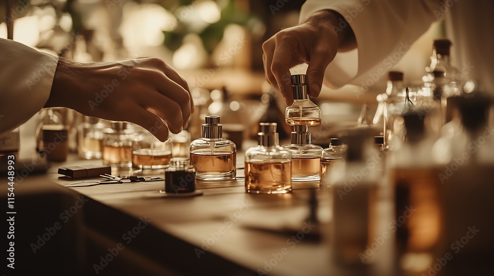 Hands of skilled perfumer blending aromatic perfumes in a traditional workshop full of glass vials and cozy ambiance : Generative AI Hands of skilled perfumer blending aromatic perfumes in a traditional workshop full of glass vials and cozy ambiance : Generative AI