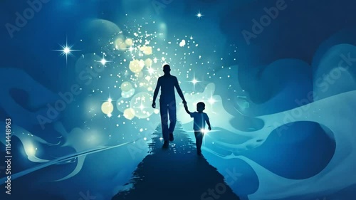 A man and child walk through a glowing, surreal landscape, representing love and connection.