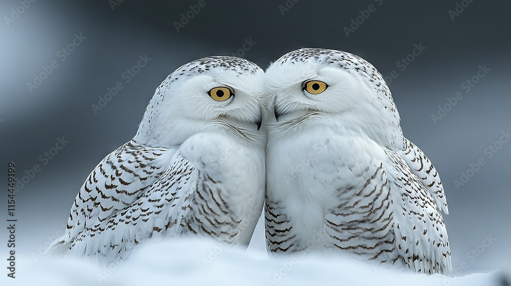 Obraz premium Two white owls perch atop snowpile, amidst dark night sky