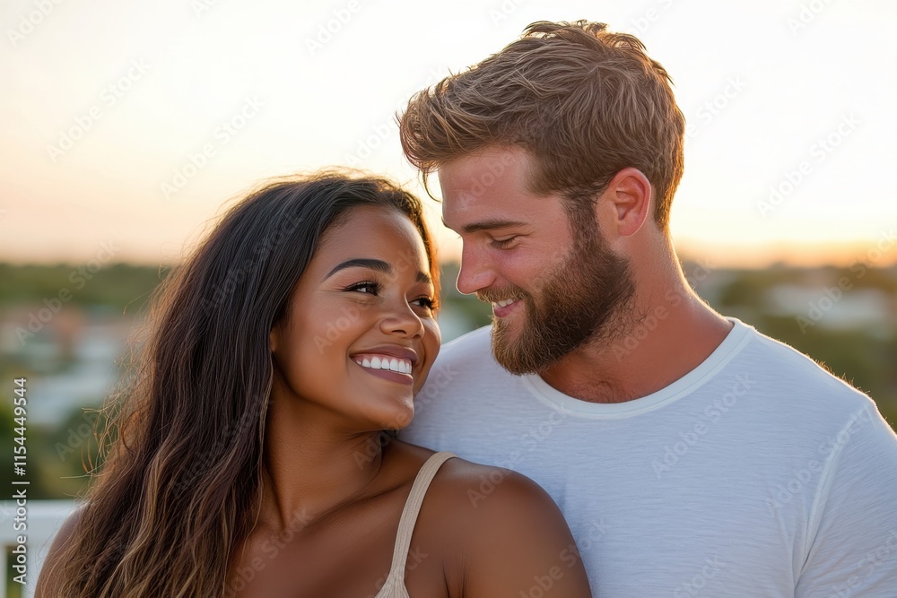 A beautiful couple sharing a tender moment during sunset, their smiles reflecting love and affection, capturing the essence of romance and connection in a serene setting. A beautiful couple sharing a tender moment during sunset, their smiles reflecting love and affection, capturing the essence of romance and connection in a serene setting.