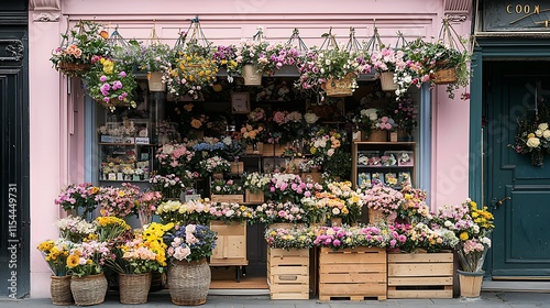 Vibrant Flower Shop Display with Varied Blooms and Lush Greenery on Urban Streetfront : Generative AI photo