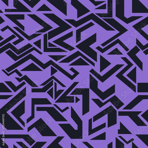 Seamless pattern with dark abstract geometric shapes on a purple background. Vector repeating background. for the design of prints, clothing design, interior design and scenes in abstract patterns