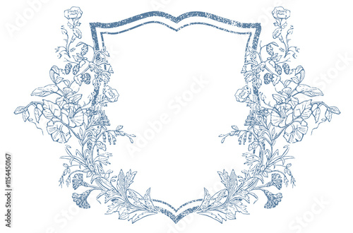 Vintage Wildflower Flower Wedding Crest - Monogram Crest - Wildflower Blue Luxury Line art Wedding Crest - Romantic Wedding Crest photo