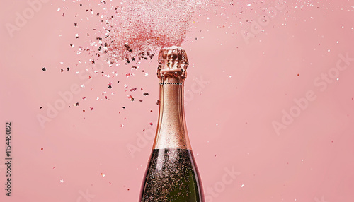 A pink champagne bottle spraying sparkling pink glitter and confetti against a soft pink background, creating a festive, glamorous atmosphere with space for your text