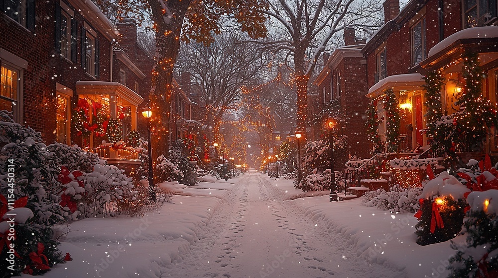 A snowy street is adorned with Christmas lights on trees and houses on both sides, creating a picturesque scene A snowy street is adorned with Christmas lights on trees and houses on both sides, creating a picturesque scene