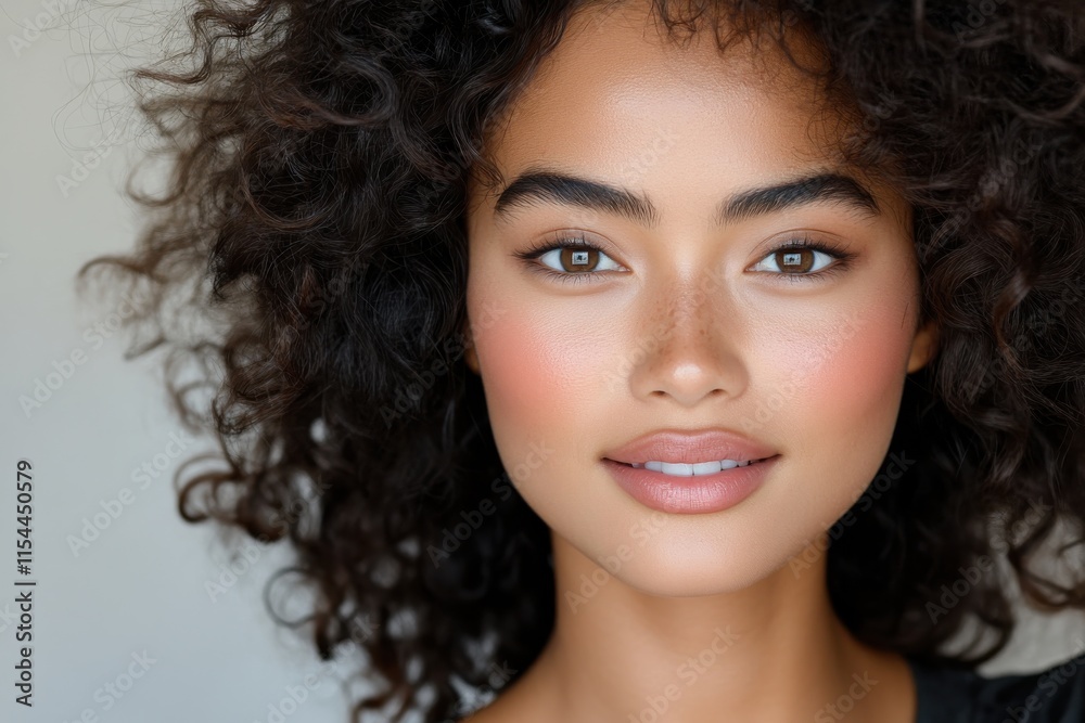 A radiant young woman with curly hair is smiling warmly, showcasing her natural beauty while highlighting her joyful expression and personal style in a captivating portrait. A radiant young woman with curly hair is smiling warmly, showcasing her natural beauty while highlighting her joyful expression and personal style in a captivating portrait.
