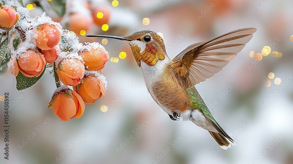 Fototapeta premium A hummingbird rests on an orange-berried branch, surrounded by a soft, blurred light