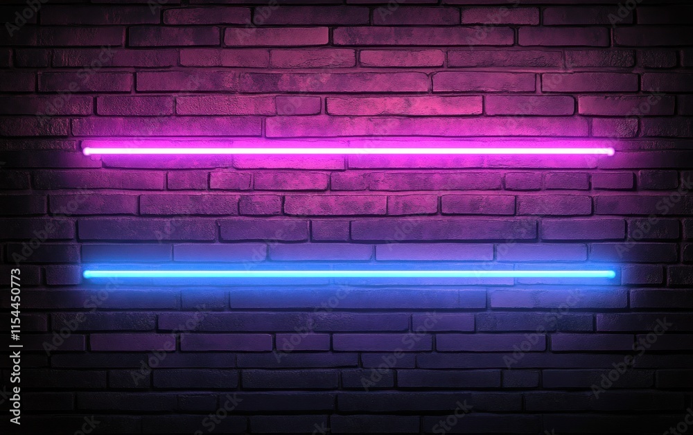 Two parallel neon light bars, pink and blue, on a dark brick wall. Two parallel neon light bars, pink and blue, on a dark brick wall.