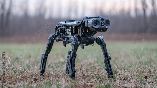 Robotic quadruped dog in a field.