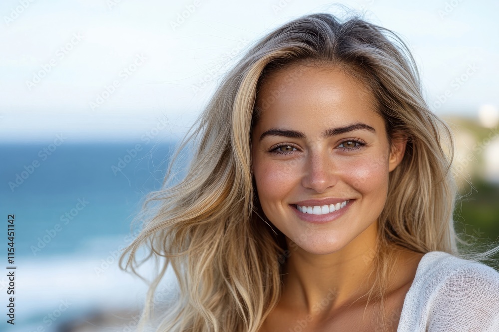 A joyful woman with bright eyes and wavy hair enjoys the ocean backdrop, capturing the essence of happiness and serenity in a blissful summer scene. A joyful woman with bright eyes and wavy hair enjoys the ocean backdrop, capturing the essence of happiness and serenity in a blissful summer scene.