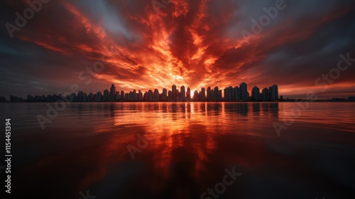 A spectacular sunset paints the sky in vivid fiery hues over a reflective water surface, casting a serene yet dramatic silhouette of a city skyline at dusk. photo