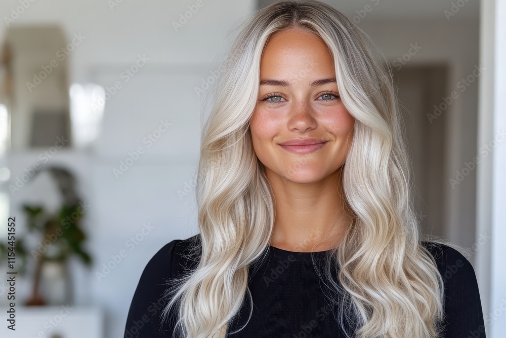 A joyful young woman with vibrant wavy blonde hair smiles warmly, bringing a sense of happiness and positivity against a luxurious marble backdrop, perfect for an inviting portrait. A joyful young woman with vibrant wavy blonde hair smiles warmly, bringing a sense of happiness and positivity against a luxurious marble backdrop, perfect for an inviting portrait.
