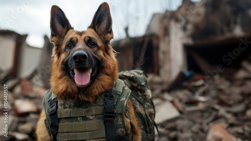 A joyful German Shepherd in tactical gear smiles amidst devastated urban ruins, portraying loyalty, courage, and hope in a broken, chaotic environment. photo