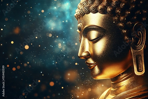 Glistening Golden Buddha with Celestial Background and Glittering Stars for Spiritual Awakening : Generative AI photo