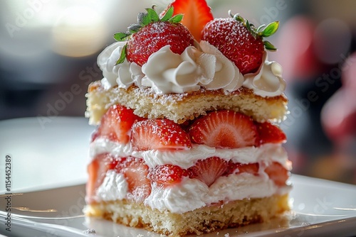 A sumptuous dessert slice filled with fresh strawberries and layered with whipped cream, offering a visual and gustatory delight for those craving sweet indulgences. photo