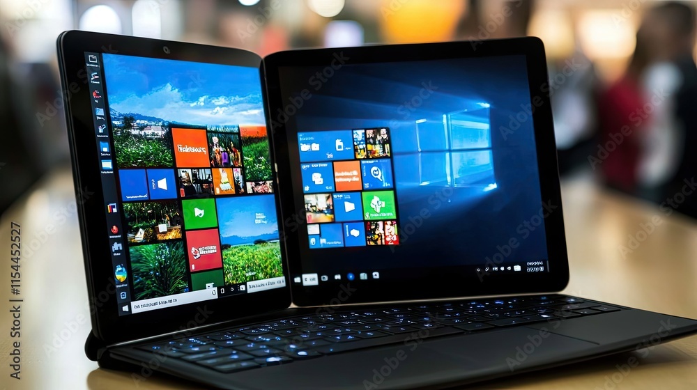 Two tablets displaying Windows interface, one attached to keyboard. Two tablets displaying Windows interface, one attached to keyboard.