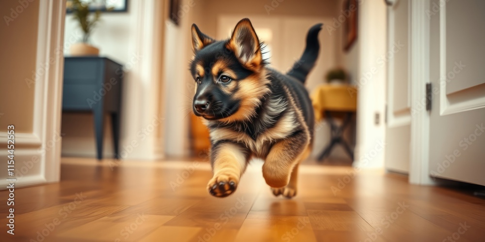 A tiny German Shepherd puppy dashes excitedly through a warm, inviting hallway of a home, showcasing its playful personality and adorable features A tiny German Shepherd puppy dashes excitedly through a warm, inviting hallway of a home, showcasing its playful personality and adorable features