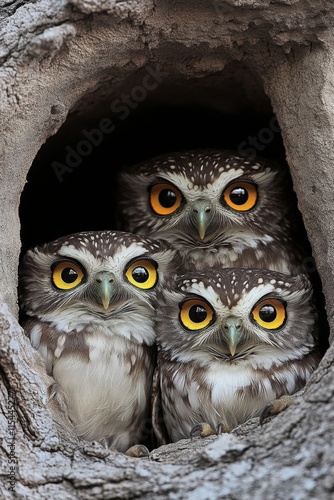 An engaging image captured of three alert owls gazing intently from within their cozy nest, embodying keen observation and the essence of wildlife curiosity.