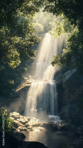 Serene Waterfall Amid Lush Greenery, Sunlit Forest Scene for Nature Travel, Relaxation Themes, Meditation Backdrops, and Scenic Landscapes