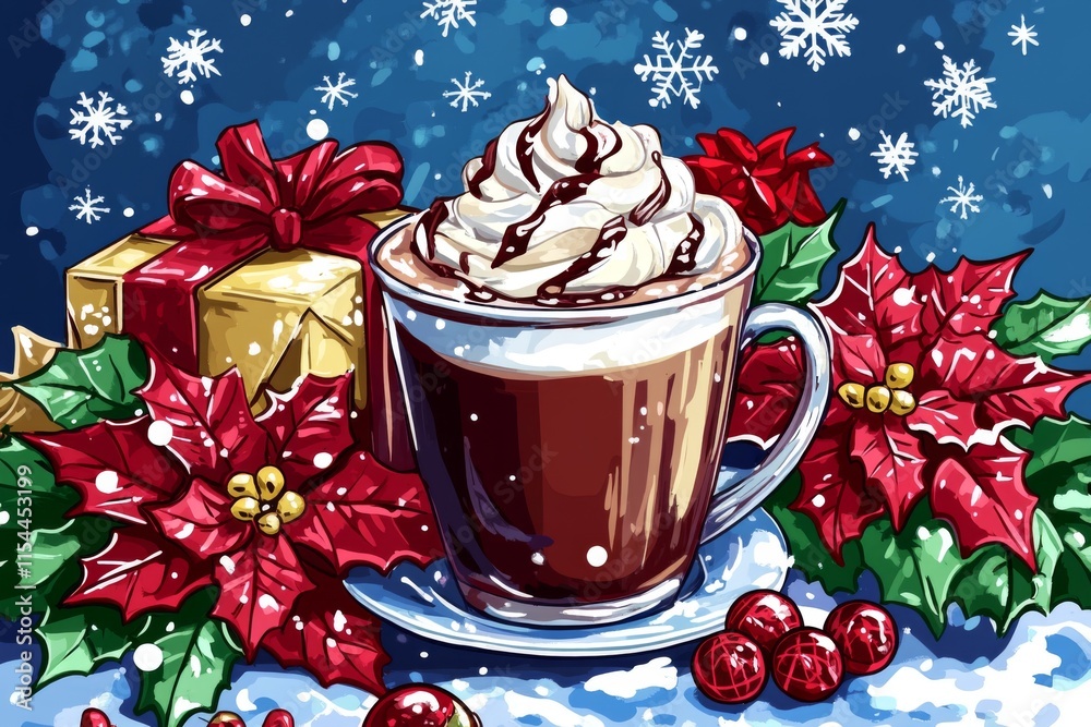 A delightful Christmas scene portraying a delicious cup of hot chocolate topped with cream, set amidst beautifully wrapped gifts and holiday ornaments. A delightful Christmas scene portraying a delicious cup of hot chocolate topped with cream, set amidst beautifully wrapped gifts and holiday ornaments.