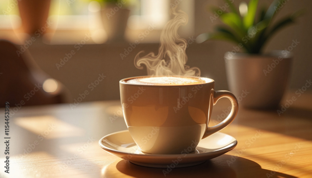 Steaming cup of coffee on wooden table with plants in sunlight Steaming cup of coffee on wooden table with plants in sunlight