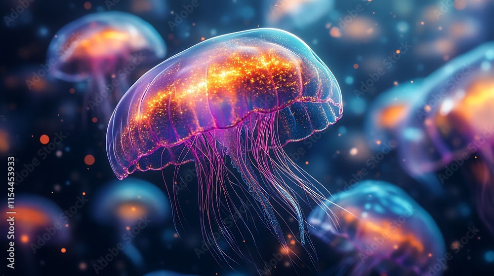 Colorful Glowing Jellyfish in an Enchanting Underwater Setting : Generative AI Colorful Glowing Jellyfish in an Enchanting Underwater Setting : Generative AI