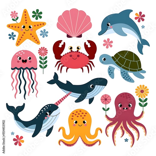 Set of ten playful sea creatures with floral elements, colorful vector illustrations, medium eyes, white background. photo