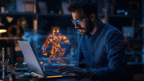 Game Developer Projecting 3D Holographic Model of Game Character with Dynamic Animations from Laptop