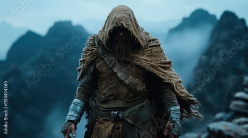 A rugged, hooded figure cloaked in tattered garments stands boldly amidst rocky mountain terrain, embodying strength, resilience, and the essence of adventure. photo