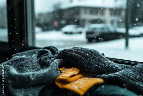 Clean design of a scarf and gloves lying on fresh snow, with simple shapes and muted tones. A minimalist nod to winter’s coziness and seasonal charm.