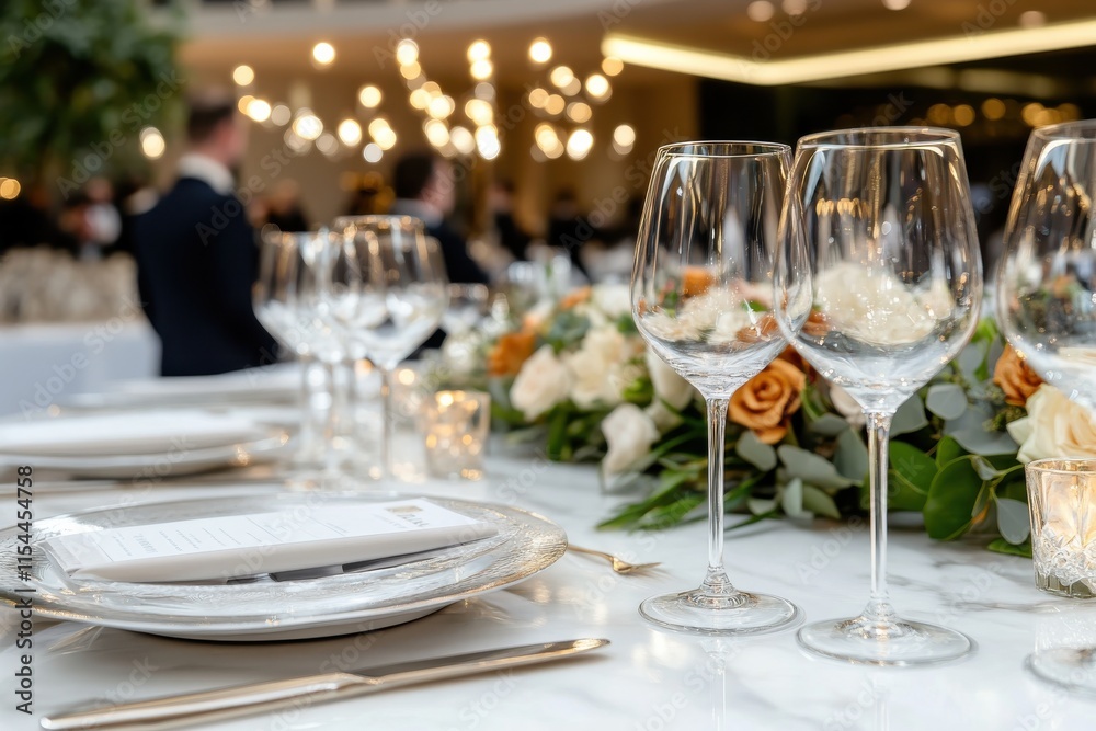 A beautifully arranged dinner table showcasing fine glassware and floral decorations, creating an inviting atmosphere for guests to enjoy their evening meal together.