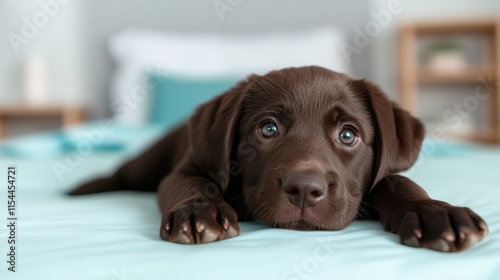 A lovable chocolate Labrador puppy lies peacefully on a soft turquoise bed, surrounded by a serene environment that exudes warmth and affectionate vibes. photo