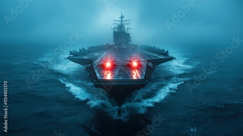 The powerful warship steers decisively through the cloudy ocean, radiating strength and readiness with its glowing lights and fighter jets at the helm. photo