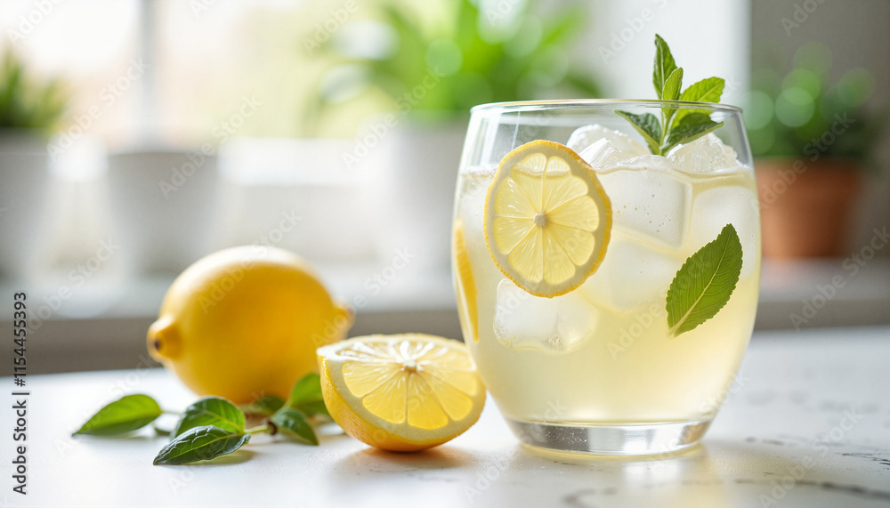 Lemonade drink with fresh lemon and mint on a kitchen counter Lemonade drink with fresh lemon and mint on a kitchen counter