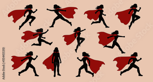 Set of female superhero in 9 different poses. No gradient used. with cape. You can place your company name and logo on their chest.