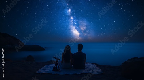 Couple stargazing by the ocean at night.
