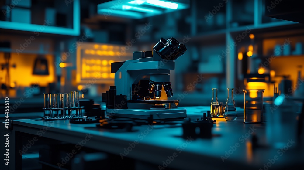 Dimly Lit High Tech Laboratory with Microscope on Counter Surface : Generative AI Dimly Lit High Tech Laboratory with Microscope on Counter Surface : Generative AI