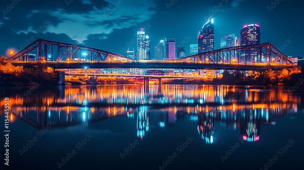 Fototapeta premium Vibrant cityscape at night: illuminated bridge and skyline reflection. Ironscape. Illustration
