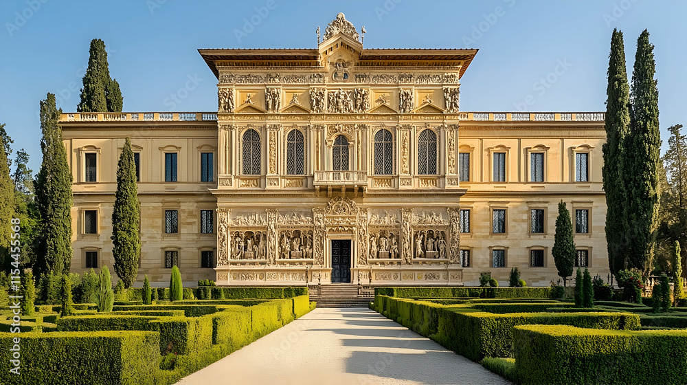 Obraz premium Elegant Renaissance palace in Florence Italy with ornate carvings and symmetrical design