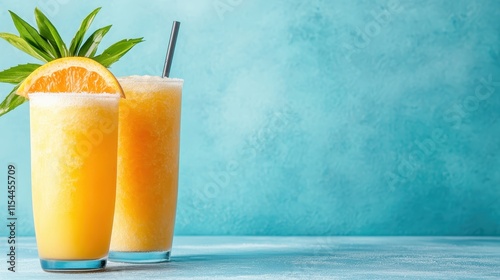 Two tall glasses filled with cold, frothy orange drinks, one garnished with a slice of orange and sprigs, stand visually striking against a blue background. photo