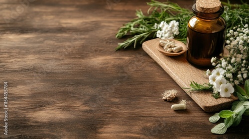 Natural herbal remedies displayed on a wooden surface with a variety of herbs, plants, and an amber bottle, representing holistic wellness and traditional healing. photo