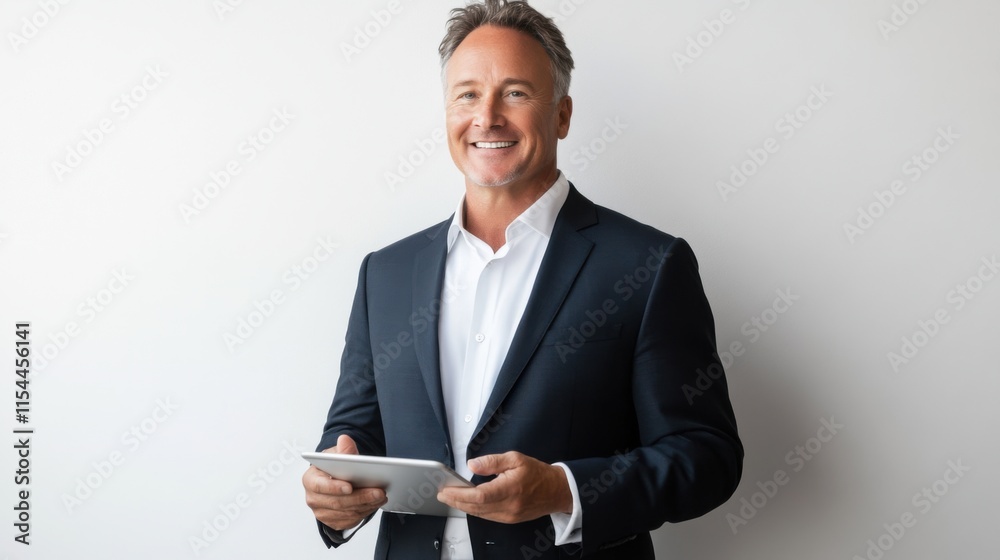 Confident Mature Businessman Holding Tablet, Smiling Portrait Against White Background, Professional Corporate Success Image Confident Mature Businessman Holding Tablet, Smiling Portrait Against White Background, Professional Corporate Success Image