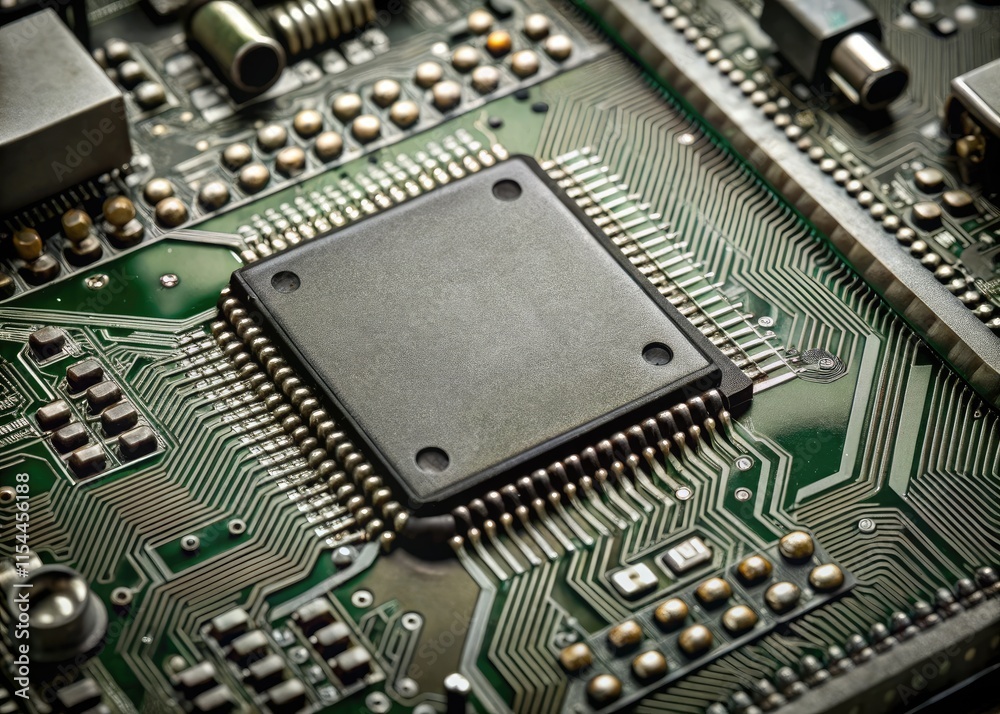 High-resolution macro photograph reveals intricate details of a computer chip's semiconductor architecture. High-resolution macro photograph reveals intricate details of a computer chip's semiconductor architecture.
