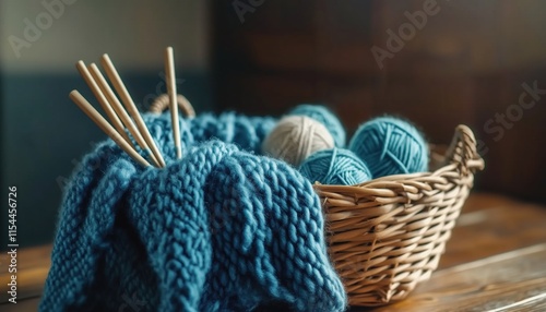 Organizing Knitting Needles And Yarn Balls In A Basket: A Great Way To Keep Your Crafting Supplies Neat And Tidy. photo