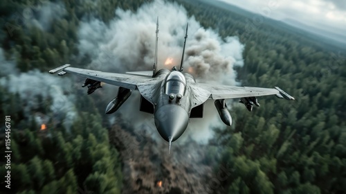 A military jet soars through a dense forest, leaving dramatic trails of smoke and fire in its wake, highlighting power, speed, and cutting-edge technology. photo